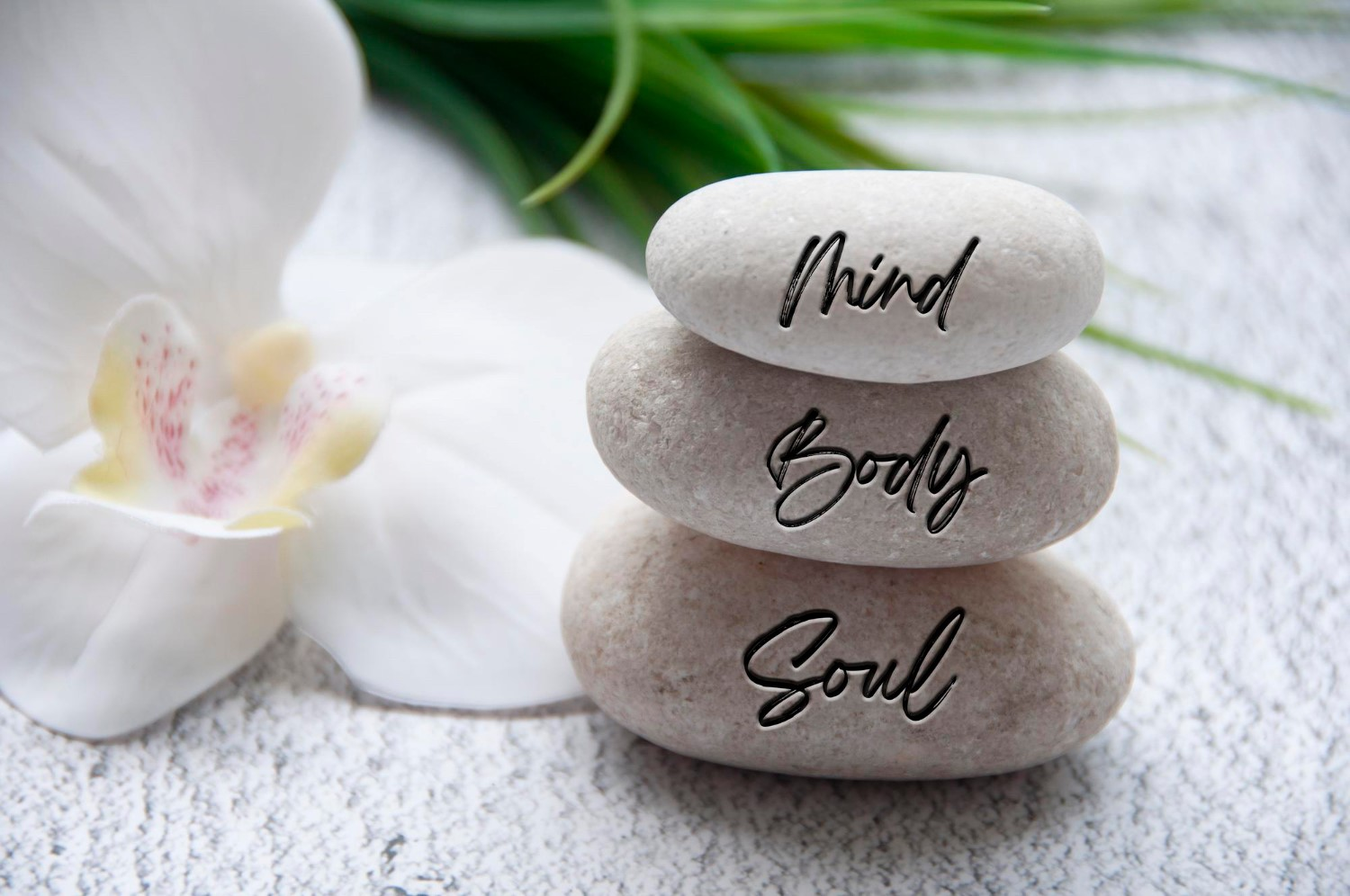 Mind, Body, Soul feliratú három kő fehér orchidea mellett.