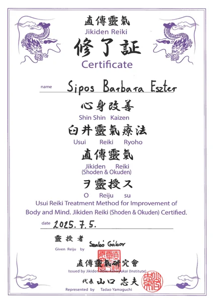 Sipos Barbara Eszter oklevele: Jikiden Reiki · Shoden és Okuden