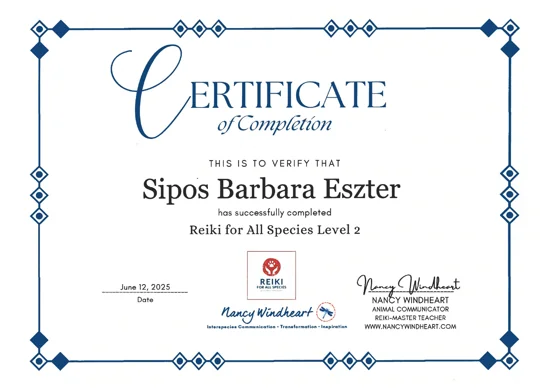Sipos Barbara Eszter oklevele: Reiki for All Species · Level 2