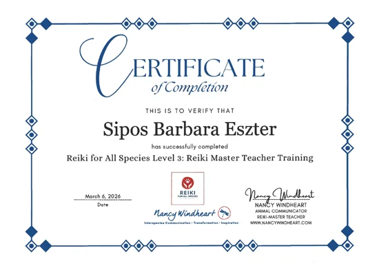 Sipos Barbara Eszter oklevele: Reiki for All Species · Level 3: Reiki Master Teacher Training