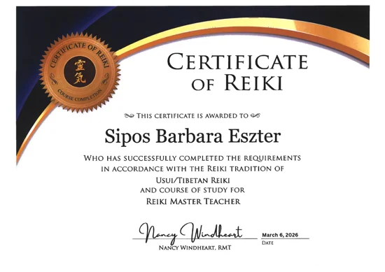Sipos Barbara Eszter oklevele: Usui/Tibetan Reiki · Reiki Master Teacher